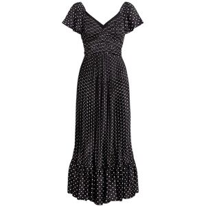 Polo Ralph Lauren Polka-Dot Flutter-Sleeve Satin Maxidress Size 10 Black White